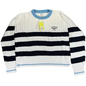 All in Motion Tennis Cable Knit Sweater XL White Navy Blue Striped Crew Neck NWT